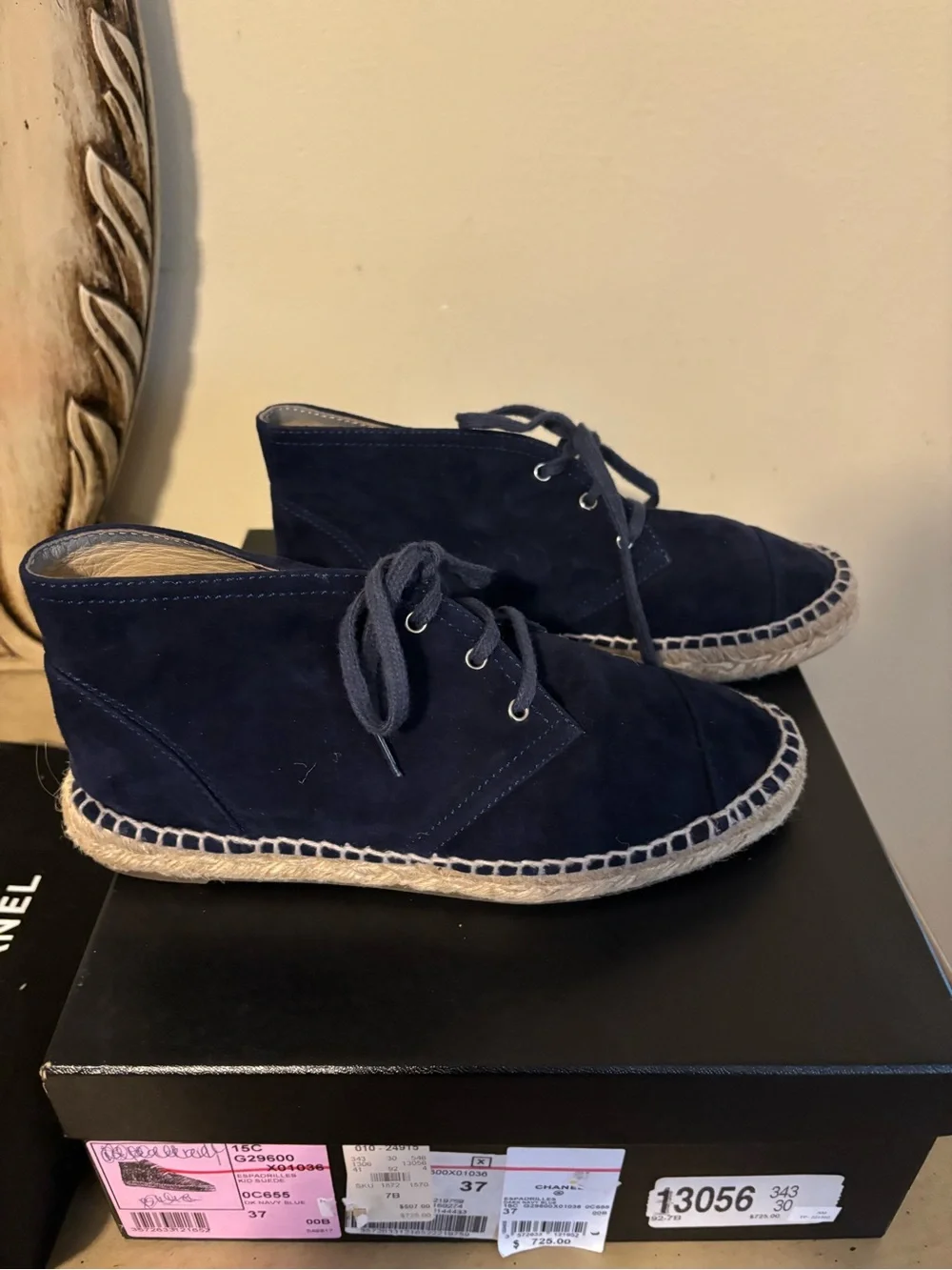 CHANEL Navy Suede Lace-Up Espadrille Boots